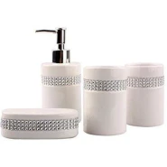 4 Piece Luxury Crystal-Trimmed Ceramic Bathroom Accessory Set with Stunning Sequin Accents Includes Soap Dish, Tumbler, Toothbrush Holder, and Lotion Dispenser