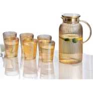 Set of 7 piece 1 Borosilicate Juice Jug Beverage Water Carafe Kettle With Lid Glass Iced Tea Pot Set With 6 Drinking Glasses Cups Heat-Resistant Glass Bottle Water Pitcher