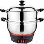 32cm Electric Multi-Function Stainless Steel 2-Tier Food Steamer Electro-Thermal Non-stick Soup Pasta Cooking Hot Pot Frying Pan Electric Skillet Wok Can Be Applied To Kitchens, Restaurants