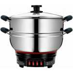 28cm Electric Multi-Function Stainless Steel 2-Tier Food Steamer Electro-Thermal Non-stick Soup Pasta Cooking Hot Pot Frying Pan Electric Skillet Wok Can Be Applied to Kitchens, Restaurants