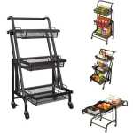 3-Tier 90° to 180° Adjustable Rolling Cart, Metal Utility Cart with Lockable Wheels, Easily Moveable Closet Organizer, Storage Rack for Living Room, Kitchen, Bathroom, Bedroom, Balcony