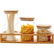 3 Pieces Of Glass Sealed Jar with Bamboo Wood Storage Bracket And Lid High Borosilicate Glass Food Cans for Wet or Dry Food, Baking Products, Cookies, Cereals, Tea Leaves, Coffee, Cereals, Seeds Sealed Jar