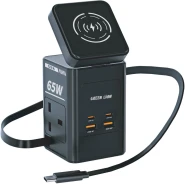 Green Lion 8-in-1 Power Station, PD 65W GaN Travel Adapter with 2 AC Outlets, Retractable USB-C Cable & 15W Wireless Charger compatible with MagSafe, for Laptop, Tablet, iPhone 16/15 / 14