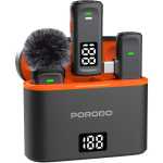 Porodo Lavalier Microphones Type-C Connector with Lightning Adapter, Wireless Collar Double Microphone, 24Hr Working Time - Black