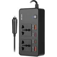 Green Lion GC-200 Car Inverter, Car Charger 2×Universal Sockets, 2×USB-A Ports, 2×USB-C Ports, QC 3.0 Charging, 200W Power, PD 24W Charging, Durable Flame Retardant Material, Small & Fit - Black