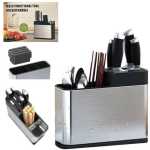 Kitchen Utensil Holder Block With Drainboard Cutlery Rust Proof Stainess Steel Countertop Spice Shelf Cans Bottle Storage Jars Container Knife Holder Chopsticks Tool Holder Cutlery Holder Utensil Caddy for Knives, Forks, Spoons, Spatula Drying Racks