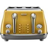 De'Longhi Icona Capitals Yellow Vintage Style 4 Slice Toaster, 6 Browning Levels, 4 Extra Wide Bread Slots, Defrost and Reheat Functions, Removable Crumb Tray, CTOC4003.Y