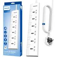 Philips 6-Way Universal Power Extension Cord with Individual Switches (3M), 2500W Overload Protection, 750°C Fire-Resistant, 3x1mm² Heavy Duty Cable, 13A Fuse, ESMA Certified, UK Plug - White